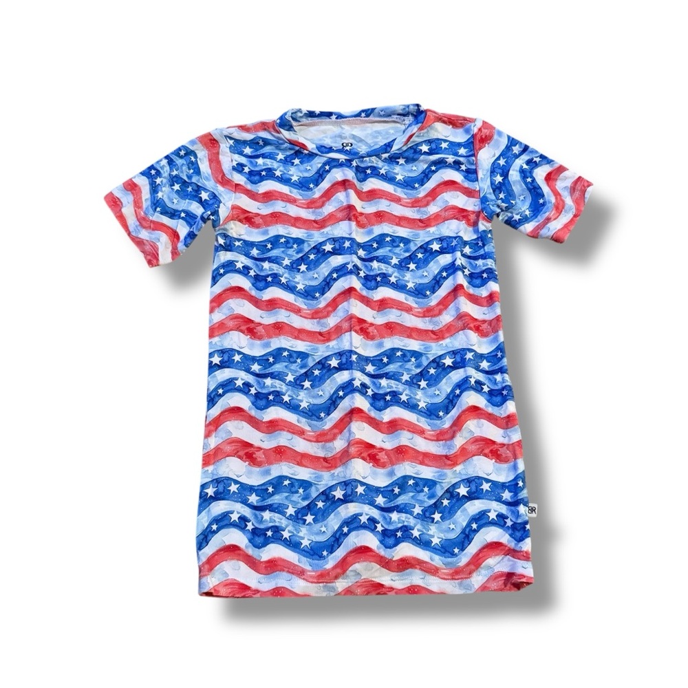Bums & Roses Patriotic Shirt Girls 5/6Y Red White Blue‎ Star Stripe Short Sleeve